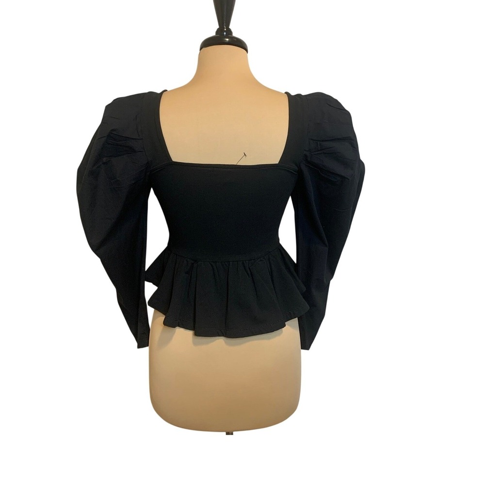 NWT Express Black Puff Sleeve Peplum Top Sweetheart Neck S - Picture 2 of 7